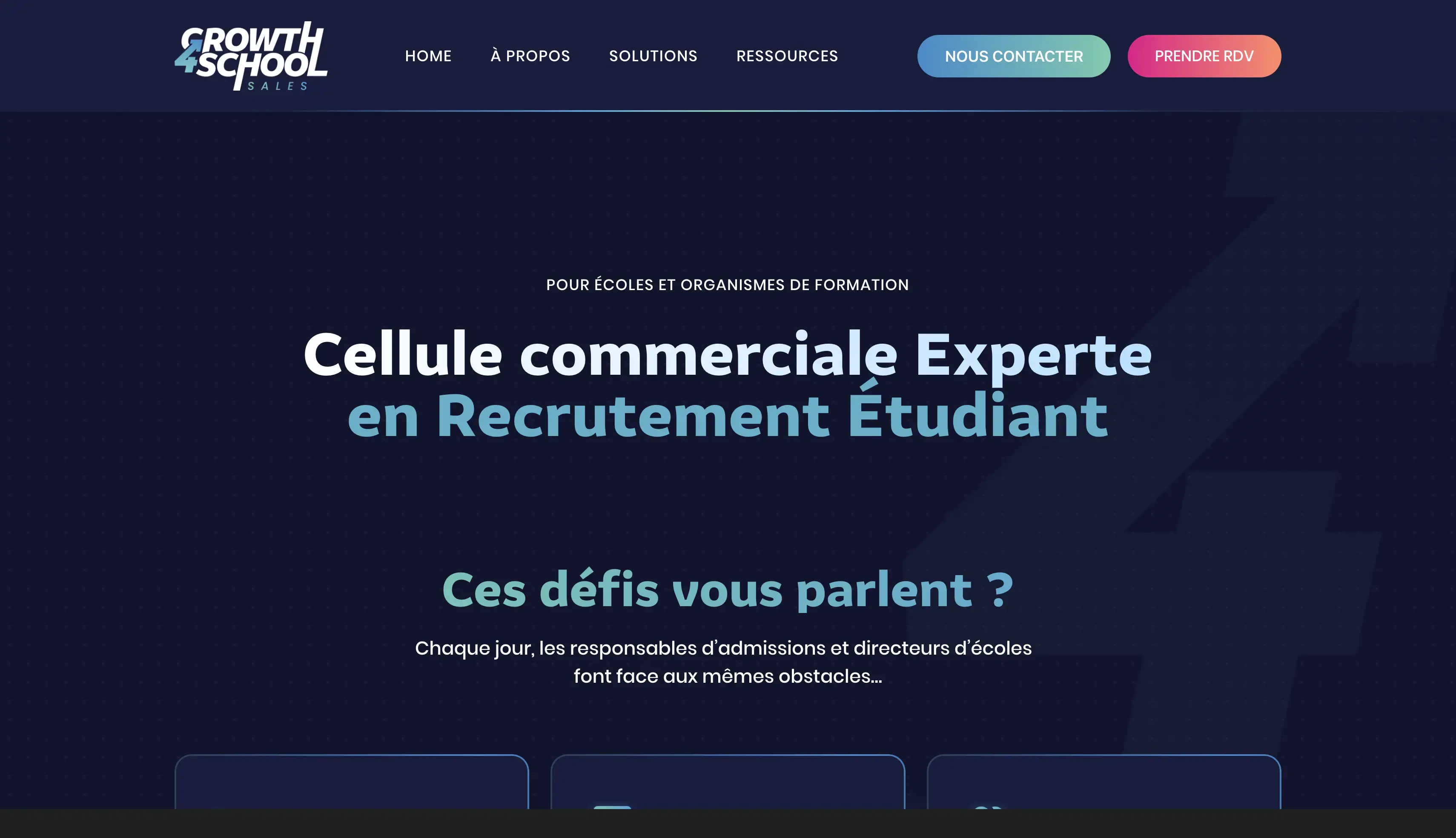 Growth4School Sales : Conception et développement d’une landing page optimisée pour la génération de leads qualifiés dans l’enseignement supérieur et le secteur de l’éducation.