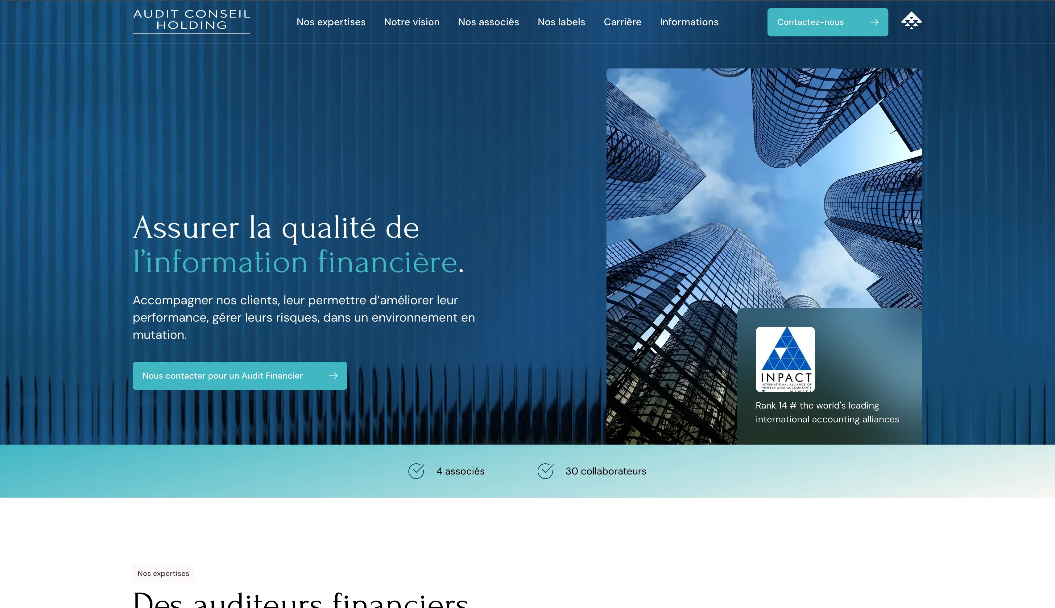Audit Conseil Holding : Refonte du site vitrine d’Audit Conseil Holding, cabinet d’audit et de conseil à Paris : navigation clarifiée, design modernisé et mise en valeur des expertises et de l’équipe.