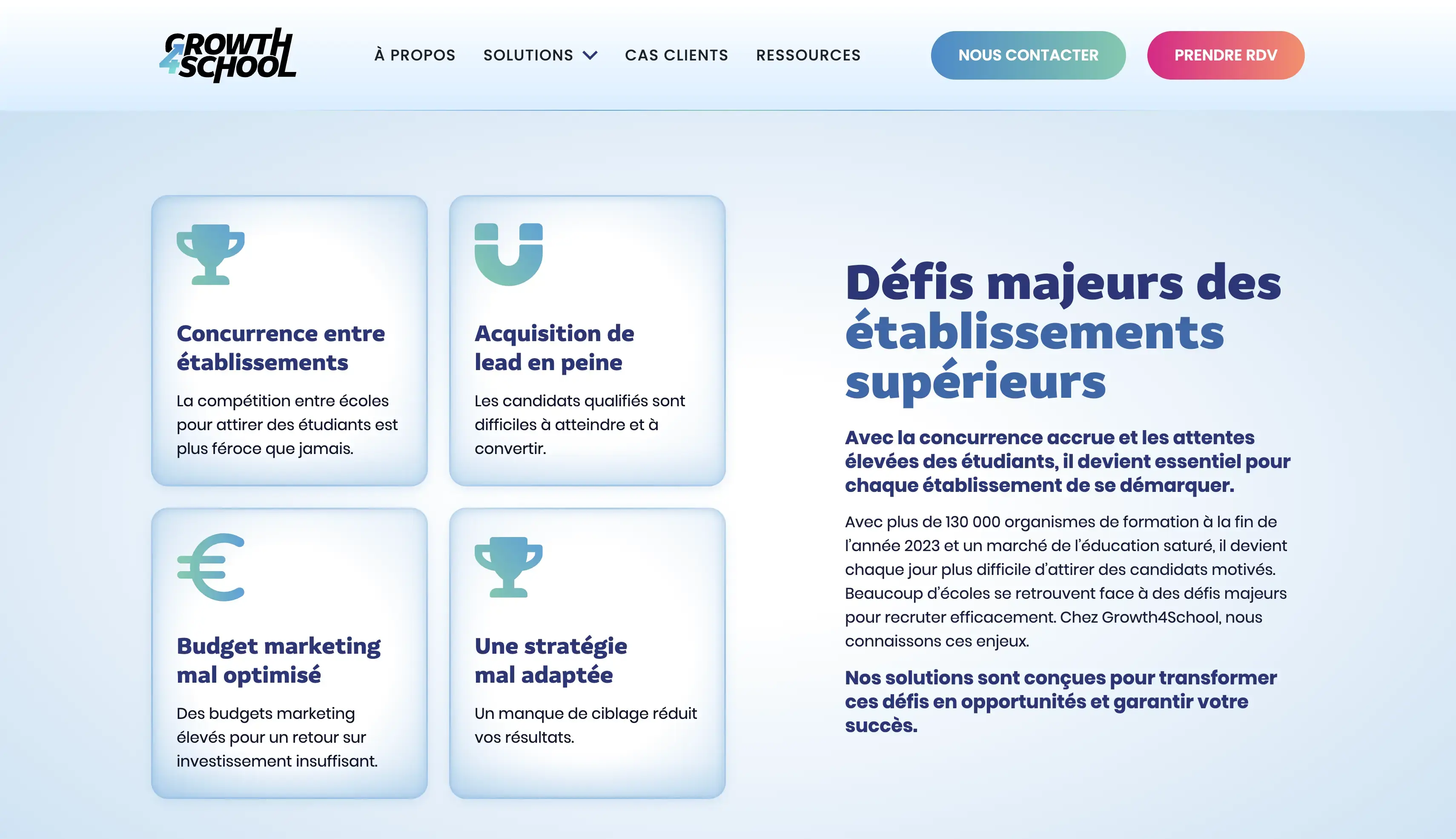 Growth4School : Conception et développement du site vitrine de Growth4School, agence de growth marketing dédiée aux écoles et établissements d’enseignement supérieur.